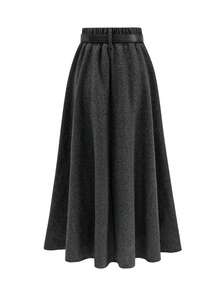 EARO French Style Casual Women's Flared Skirt With Belt, Non-Stretch Fabric, Comfortable & Fashionable For Daily Wear In Autumn/Winter, Waist Slimming, Loose Fit, A-Line Silhouette, Stylish & Minimalist Design - Black - View 2