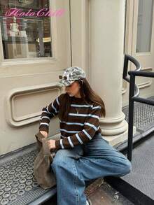 Jersey de punto con cuello redondo y rayas de contraste, estilo casual de influencer joven, estilo Holochristmas, otoño/invierno 2025