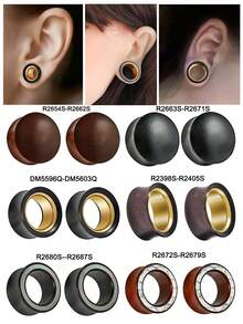 1PC Hollow Gold Stainless Steel/Sandalwood Double Color Ear Plugs Wood Ear Gauges/Expander/Stretcher Piercing Body Jewelry - As Shown - View 12