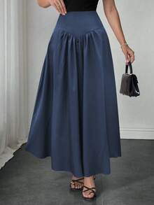 Spring And Summer New Joker Daily Elegant Fashion Shaping Belt Big A Pleated Elegant Skirt - 藏蓝色 - 查看 3