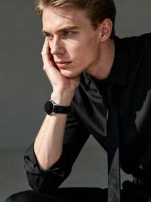 HANNAH MARTIN 1 件休闲男士手表，黑色和棕色 PU 皮革手表，简约男士石英表，搭配黑色精美盒子，理想的礼物选择 - 均碼 - 查看 4