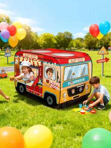 Składany namiot-domek dla dzieci w kształcie food trucka z hamburgerami, odpowiedni do użytku wewnątrz i na zewnątrz, kolorowy design, wytrzymały materiał poliestrowy, łatwy w montażu i przenoszeniu, idealny na kemping, piknik i do zabawy na świeżym powietrzu, idealny prezent na urodziny, Boże Narodzenie, Halloween lub Wielkanoc, plac zabaw na kempingu | Namiot zabaw | Wytrzymały domek do zabawy
