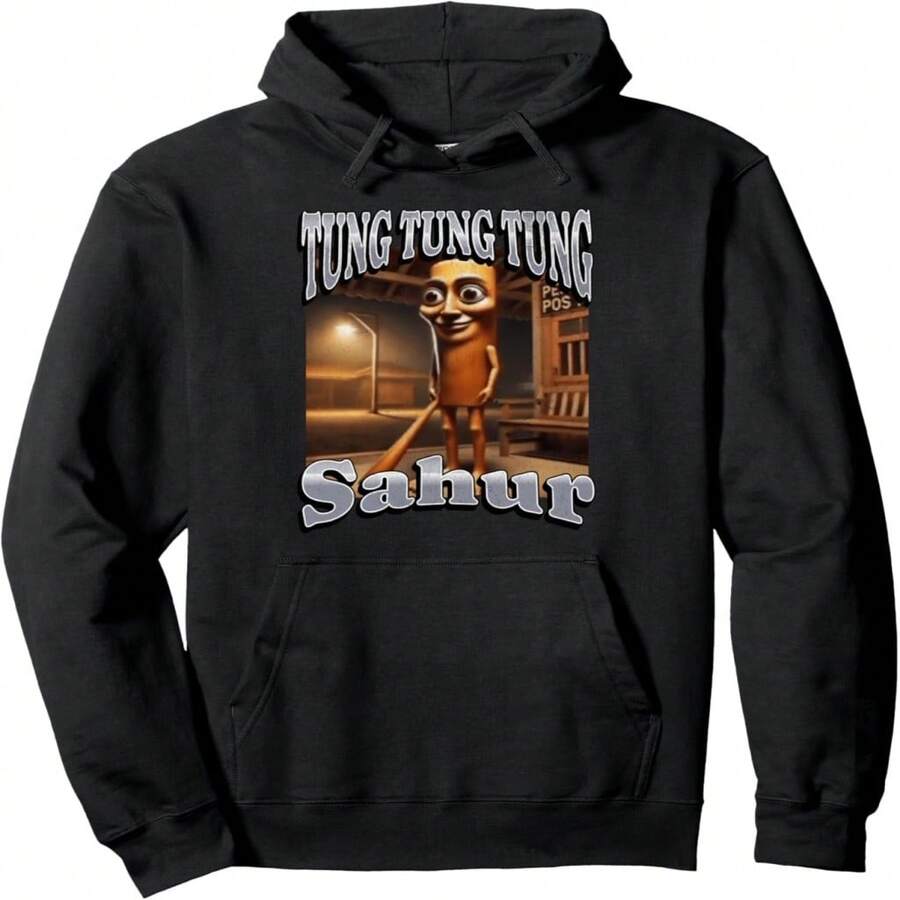 Tung Tung Sahur Funny Italian Brainrot Meme Graphic Pullover Hoodie - Black 10 - View 1