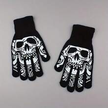 A Pair Of Fluorescent Skull And Bones Design Gloves - 20% Spandex / 80% Nylon Stretch Fashion Couple Gloves, Gloves Suitable For Halloween Dresses, Parties And Theme Events
