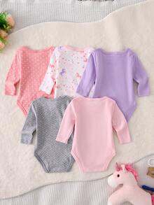DILAVEL 5 Buah Baju Terusan Bayi Perempuan Lengan Panjang Terbaru Musim Gugur/Musim Dingin, Lembut dan Ramah Kulit, Motif Unicorn, Pakaian Merangkak, Berbagai Gaya Padu Padan untuk Pakaian Luar Ruangan - Berwarna merah muda - View 3
