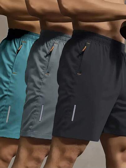3 piezas Pantalones cortos deportivos casuales de verano para hombres con cordón y bolsillos con cremallera, tela transpirable, cómoda y de secado rápido, adecuada para deportes al aire libre, correr, senderismo - Exclusivo para hombres - Regalo perfecto para hombres activos