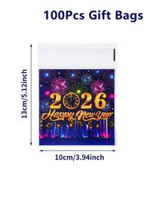 50/100 Stücke 2026 Neujahr bunte selbstklebende Süßigkeitentüten, Geschenktüten mit Feuerwerk und Uhr Design für Neujahr, Geschenkverpackungstüten, Neujahrsparty Gastgeschenktüten, Snacktüten, Schokoladen-Kekstüten, Süßigkeitentüten, Verpackungstüten, 2026 Neujahr Party Dekoration, Neujahrsfeier Zubehör, Silvester Dekoration, Neujahrsgeschenke
