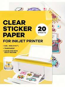 20 hojas de papel adhesivo transparente para impresora de inyección de tinta - Vinilo imprimible transparente brillante #21.08 x 29.72 cm - Papel adhesivo transparente para impresora