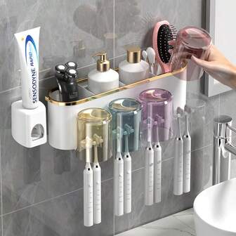 1 Set Toothbrush Holder With 4 Cups And Toothpaste Dispenser, Creative Toothbrush Storage Rack Mouthwash Cup Wall Mounted Bathroom Organizer