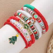 Set de 7 piezas/paquete de pulseras elásticas de cuentas de arcilla suave con diseño bohemio de Navidad en rojo, blanco y verde - Colgante de Papá Noel, árbol de Navidad, cuentas con letras, pulsera de , pulsera para compartir en familia (color aleatorio - sin tarjeta)