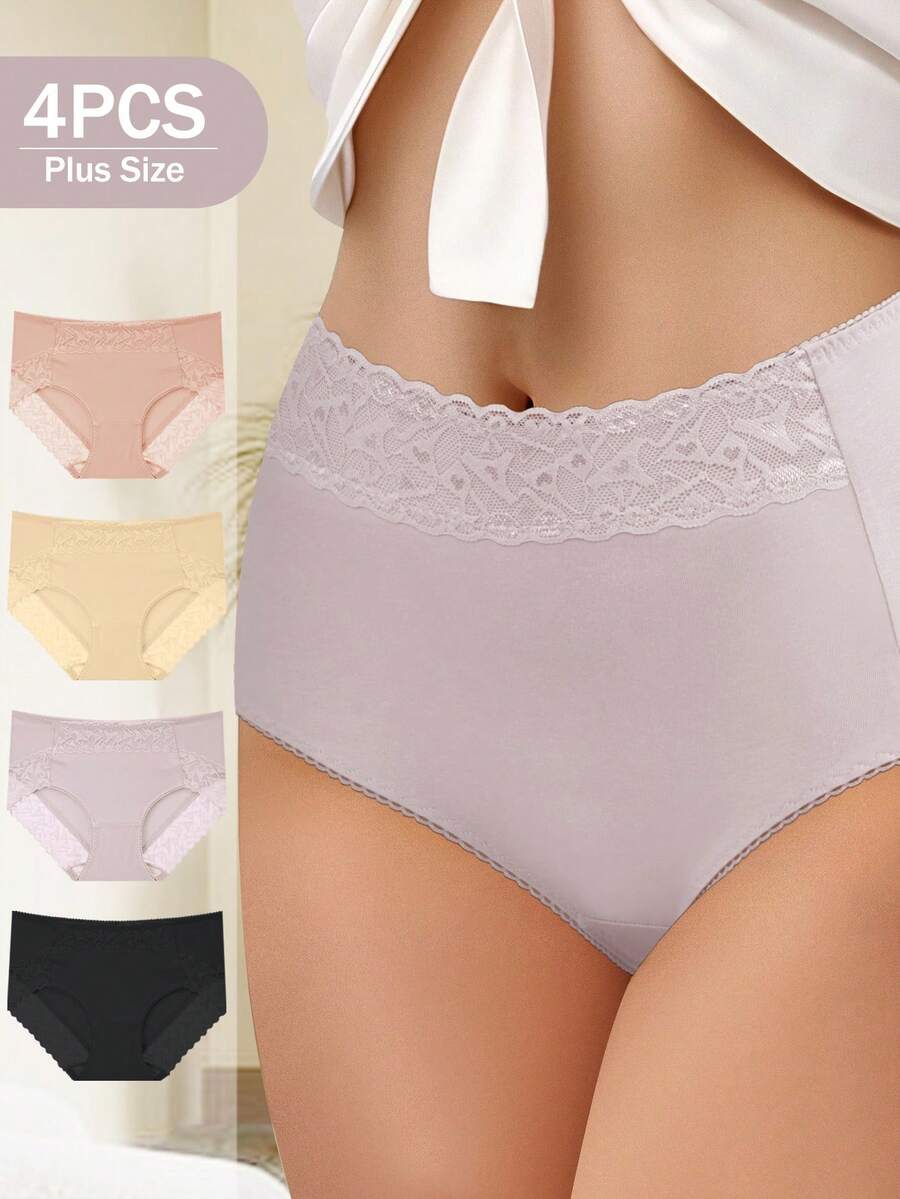 QUASTI 4pcs Plus Size High Waist Lace Trim Panty Set - Multicolor - View 1