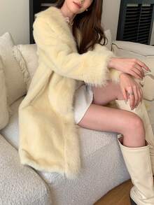 Women's Luxury Solid Color Faux Fur Long Collar Coat, An Ideal Choice For Winter - Yellow - View 7