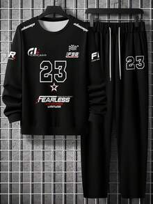 男士休闲街头字母印花圆领长袖卫衣和运动裤，春秋季休闲套装 - 彩色 - 查看 4