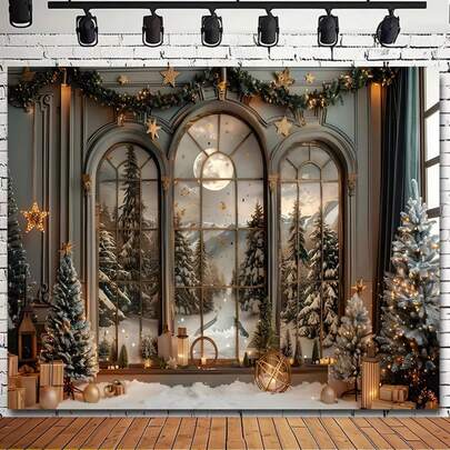 2d Flat Winter Christmas, com floresta de cedros e design de lua cheia, tecido de fundo para cabine de fotos de Feliz Natal - decoração multifuncional para festas e eventos internos e externos - fibra de poliéster, sem necessidade de eletricidade, muito adequado para C