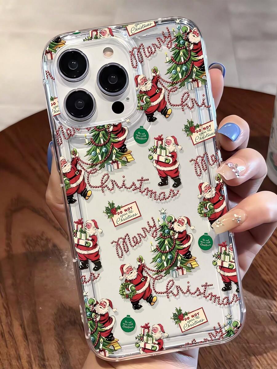 1pc Personalized Christmas Tree & Santa Claus Pattern Transparent TPU Shock-Absorbing Anti-Fall Anti-Fingerprint Phone Case Compatible With IPhone