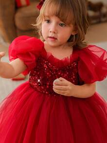 Baby Mädchen 0-4 Jahre rotes Puffärmel Pailletten Tüll elegantes goldenes Kleid, Prinzessinnenkleid geeignet für 1-jährige Geburtstagsparty, Bankett, Hochzeit Blumenmädchenkleid - Bordeaux - Übersicht 6