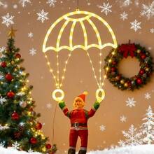 1个圣诞老人降落伞灯，创意圣诞老人降落伞造型，USB供电，多种照明模式，适合冬季和圣诞节装饰，可用于圣诞树、客厅、卧室、餐厅玻璃和墙面装饰。