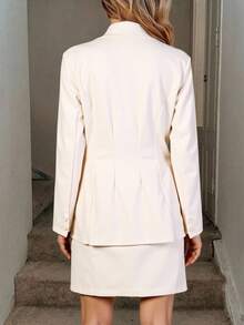 Conjunto 2 piezas mujer blazer falda corto beis elegante moderno cuello doble solapa boton pinzas bolsillos elegante conjunto sastre oficina trabajo evento - Beis - Ver 2