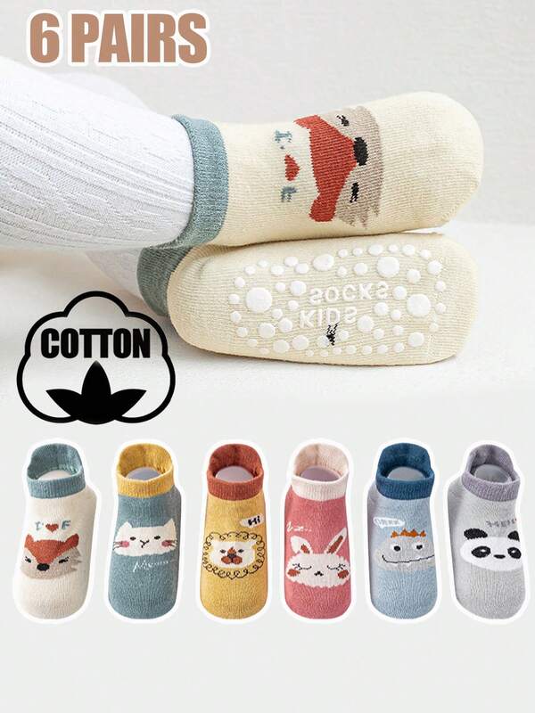 6 Paar Baby und Kleinkind Antirutsch Socken, weich & bequem, hautfreundlich, Cartoon Muster, geeignet für Jungen & Mädchen, ganzjährig