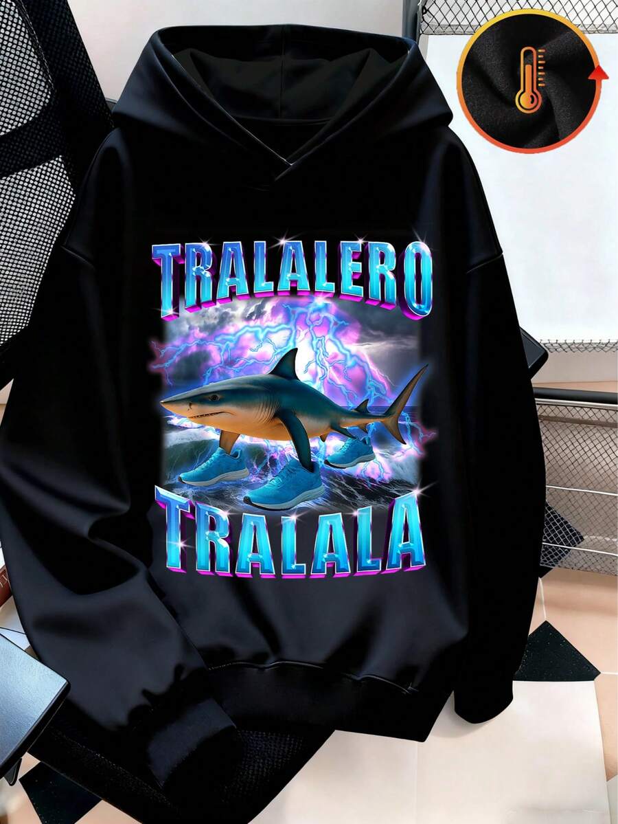 Tween Boy Cartoon Shark Print Pullover Sweatshirt With Dropped Shoulder, Suitable For Sports, Casual, Outdoor, Autumn/Winter New Arrival - Black - View 1