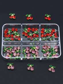 30 piezas/Caja Decoración de Arte de Uñas 3D de Cereza Diamante Mixta, Con Hojas Verdes y Tallos, Perfecto para la Fabricación de Joyas y Manualidades, Colgantes de Joyería y Encantos de Uñas - Multicolor - Ver 5
