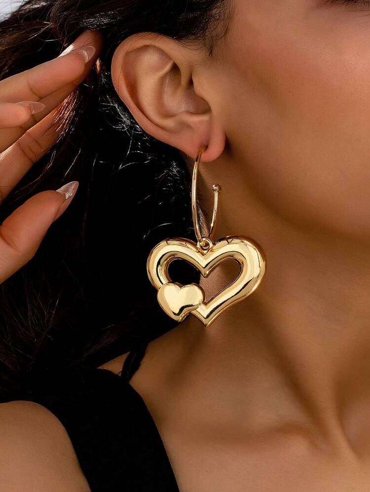 1 Đôi bông tai mặt dây chuyền hình trái tim rỗng tối giản bằng kim loại, phù hợp với trang phục hàng ngày và hẹn hò của nữ giới. - Vàng - Xem 7