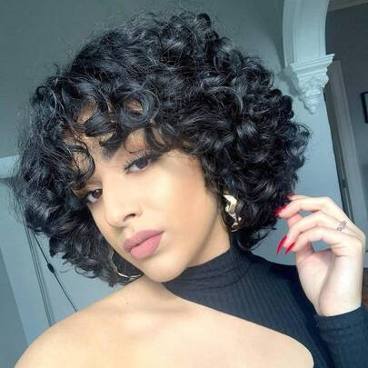 Short Curly Wig With Bangs, Human Hair, Glueless, Women's Brazilian Short Pixie Bobcut Wig With Bangs