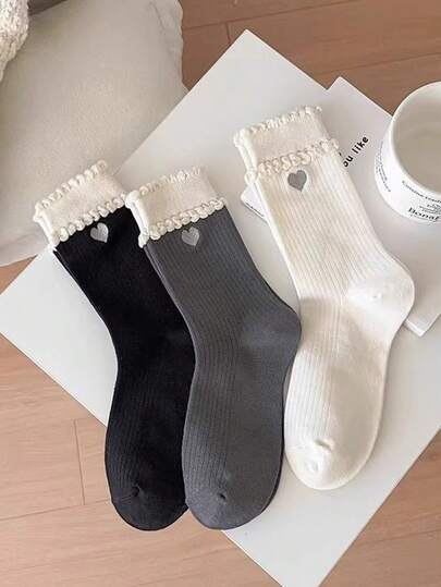 3 paia di calze a mezza gamba con motivo a cuore e bordo in pizzo, stile coreano versatile per donna, adatte per primavera/autunno
