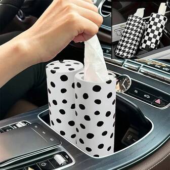 4/2/1pc Stylish Black And White Car Tissue Box Cute Polka Dot Car Tissue Holder With 3-Ply Soft Facial Tissues Houndstooth Pattern Paper Holder Round Design For Vehicle Cup Holders Home Barthroom And Office, Travel Tissues Cylinder Comes With 40 Sheets Of Paper Towels