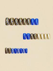 Nails Press On Nails Nail Supplies Update Your Image And Show The Charm Of Your Fingertips. Medium And Rectangular Nail Patches, Golden Nail Patches, Leopard Print Nail Patches, Summer Popular Fake Nail Patches - Blue - View 4