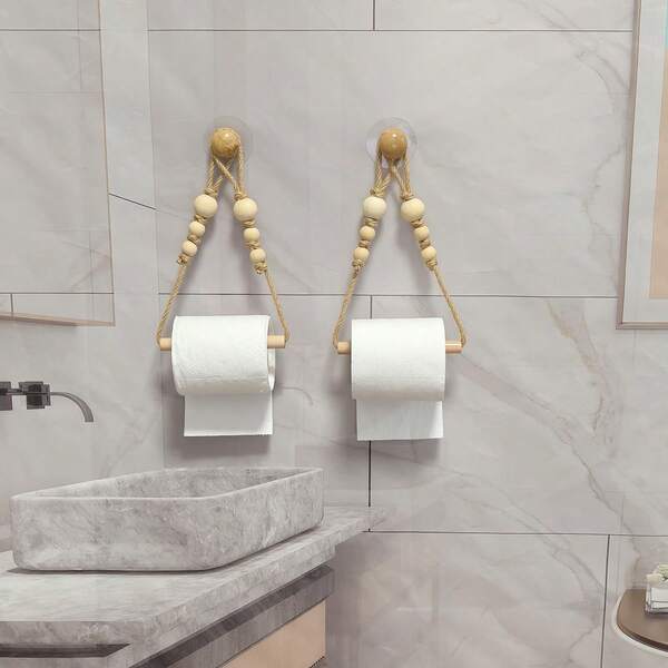 1/2pcs Handmade Woven Toilet Paper Holder, No Drilling Wall Mounted Bathroom Tissue Roll Dispenser, Kitchen Paper Towel Rack With Hooks, Suitable For Bathroom, Kitchen, Home Decor, Furniture Accessories