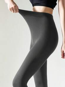 1/2 Pairs Women Gray Fleece Tights, Elastic Slim Fit Soft Brushed Stirrup Tights For Spring & Autumn, Cozy - Grey - View 6