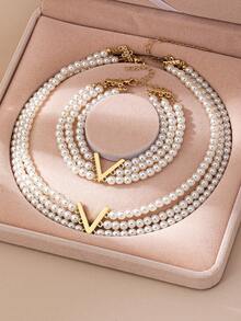 2pcs Elegant Minimalist Design Delicate Elegant Multi-Layer Faux Pearl Bracelet & Necklace Set, Suitable For Women's Daily Wear
