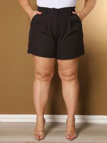 Women's Plus Size Shorts With Button Launch - Black - View 2