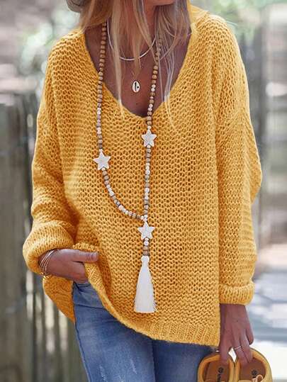 Damen einfarbiger V-Ausschnitt Loose Fit Strickpullover, Cut-Out, Herbst