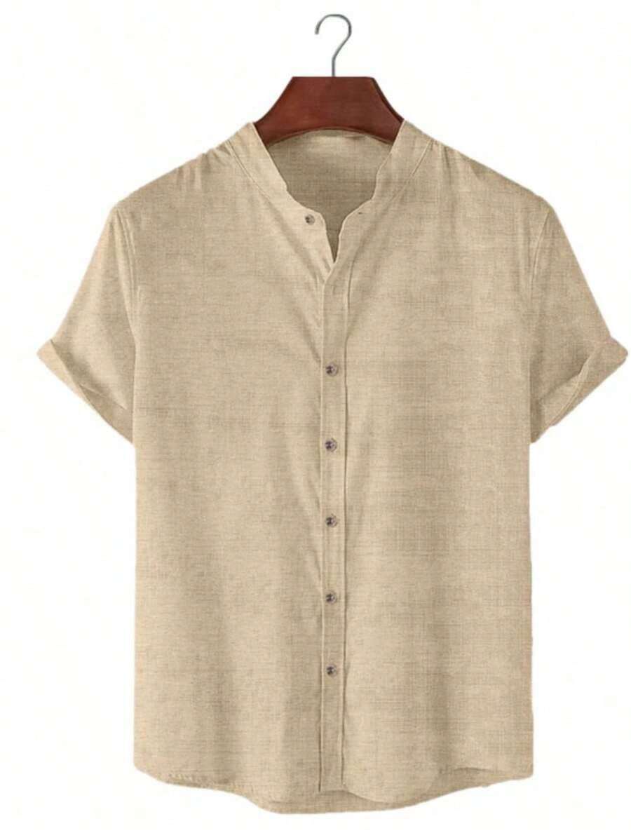 Men's Premium Short Sleeve Priest Collar Shirt - Màu Khaki - Xem 1