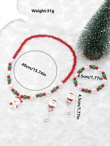 Conjunto de joyería de 4 piezas para niñas con encantos de Papá Noel, incluyendo pulsera, brazalete, aretes y collar, adecuado para fiestas navideñas, con cuentas de colores aleatorios
