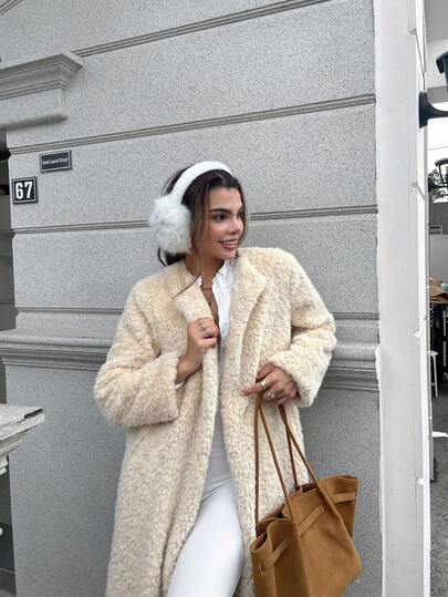 Abrigo de una pieza de mujer de felpa fina de unicolor y longitud media con hombros con botones, abrigo de piel, solapa abierta y esponjoso, Navidad