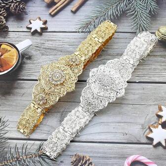 1 חתיכה צבע זהב מרוקו חגורה לנשים קריסטל מתכת שרשרת מותניים קווקז חגורה באורך מתכוונן כלה תכשיטי חתונה