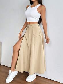 Falda larga informal de moda con cremallera lateral para mujer - color lino - Ver 4
