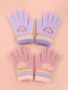 زوج/زوجان من قفازات محبوكة دافئة للأطفال، قفازات مخططة بنقشة القلب مع تشطيب مخمل، قفازات شتوية دافئة للبنات لحماية من البرد، مناسبة للارتداء اليومي، هدية مثالية لعيد الميلاد - متعدد الألوان - مشاهدة 2