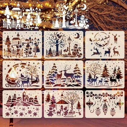 9pcs Christmas Template Set - Reusable Holiday Templates For DIY Crafts, 8.27" X 5.83" - Snowflake, Tree, Deer, Snowman, Church Designs - Perfect For Holiday Decor And Card Making, Reusable Christmas Templates, Best For Christmas