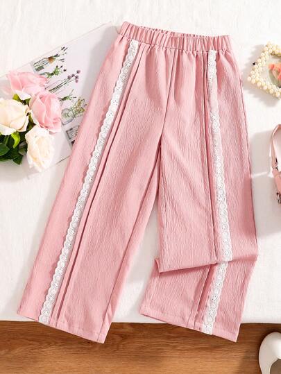 Girls' Casual Pink Pants, Floral Lace Trim, Straight Leg, Elastic Waist, Loose Fit, Suitable For Outdoor, Vacation, Casual, Party, Holiday Gift, Ages 4-8