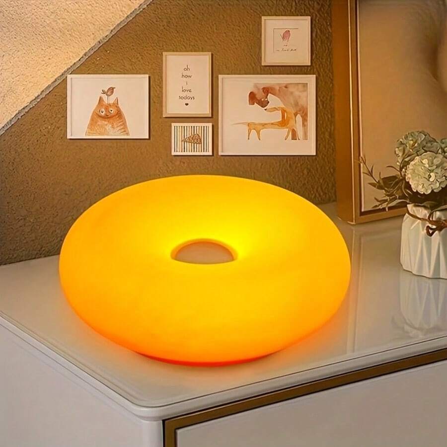 1 Set Modern Donut Desk Lamp - 3-Color Adjustable LED Lamp With Durable Plastic Shade, Touch Control, Rechargeable Battery Powered, Suitable For Living Room, Bedroom, Study, Bedside, Modern Lighting, Fashionable Design