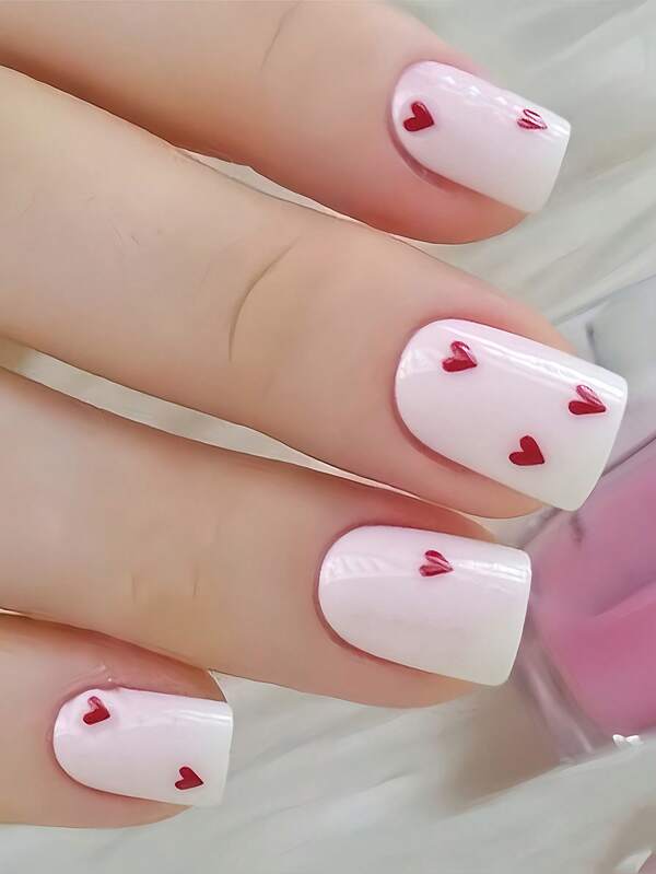 Instantly Upgrade Your Look With 24pcs Medium Square Shape False Nails Simple And Elegant Red Heart White Nails Fashionable Vermilion Heart Porcelain White Fake Nails Full Cover Fake Nails For Women And Girls Includes Nail Salon With 1 Piece Of Jelly Gel And 1 File Stri Jelly Gel Random Shipment