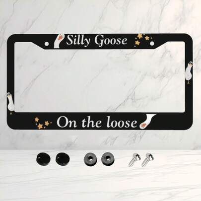 1pc Stainless Steel License Plate Frame - Black With White Goose Design, Universal Fit North American Vehicles, Includes Screws & Caps, Durable Weather-Resistant Car Accessory, Car Enthusiasts, Vehicle Customization, Playful Design, Quality Craftsmanship
