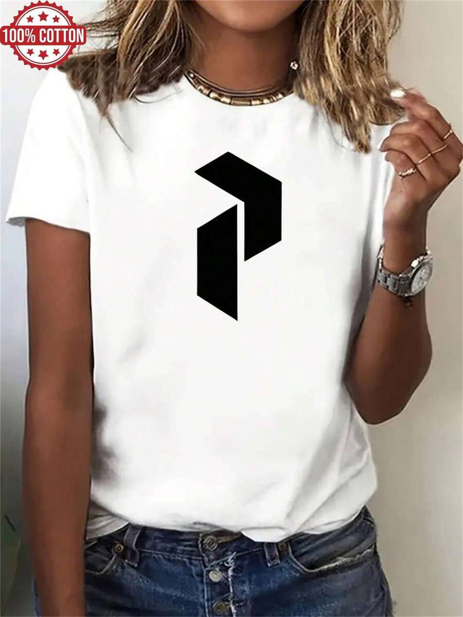 1PC 100% Cotton Geometric Graphic Print Women's Short Sleeve TShirt Simple Fashion Basic Tee Top Casual Summer Outfit - Blanco - Ver 1