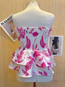 Printed Cropped Blouse With Elastic Ruffle - 粉色 - 查看 2