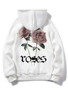 Men's Vintage Rose Print Basic Hoodie, White, Fall/Winter