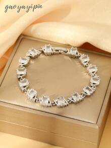 1pc Square Cubic Zirconia Embellished Chain Bracelet, Suitable For Women's Wedding, Engagement, Party Jewelry